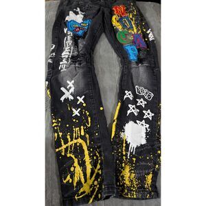 RUE21 Premium Black Graffiti Patchwork Distressed Skinny Jeans Size 32x32